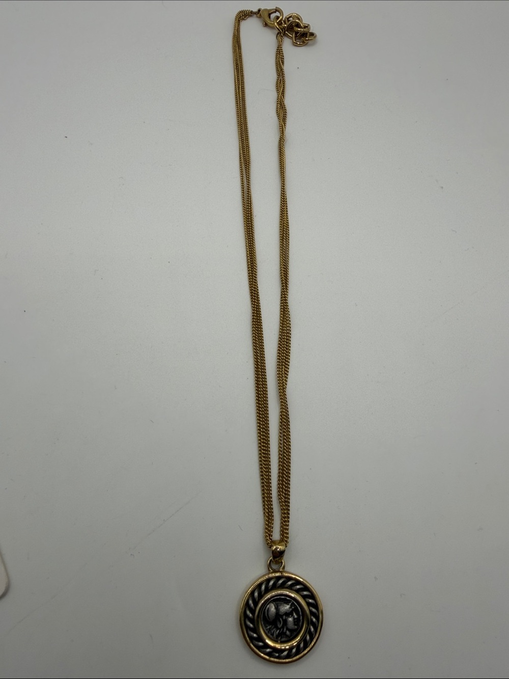 Vintage © AK Two-Tone Classical Coin Medallion Pendant Necklace